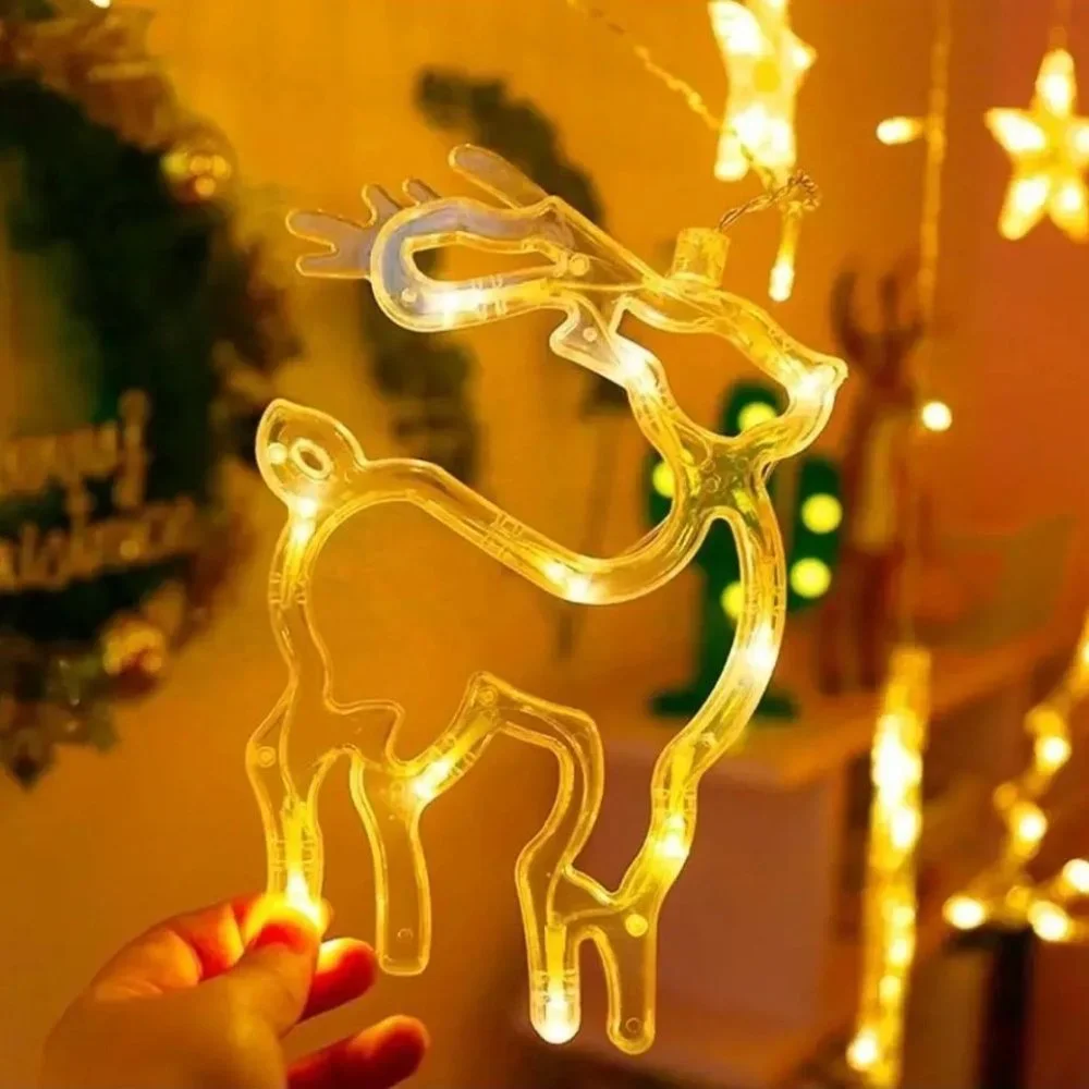 9.8ft LED Star Deer Bell Curtain Fairy String Lights Hanging Christmas D…